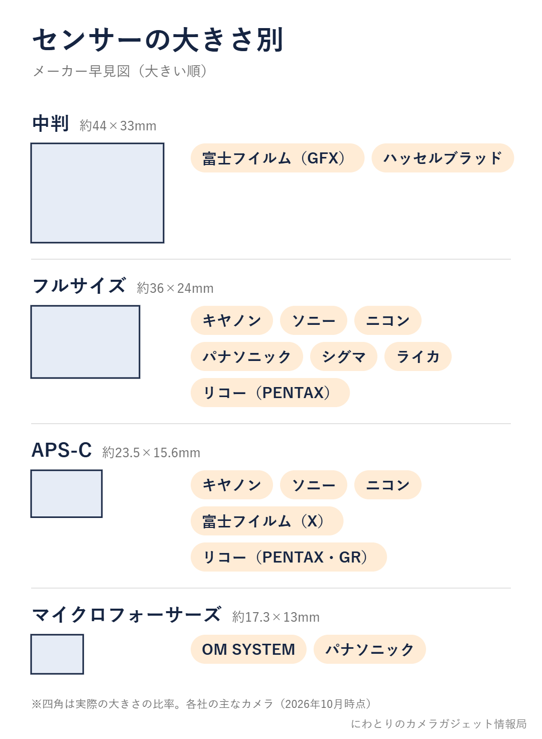 センサーの大きさ別に見たカメラメーカー10社の早見図