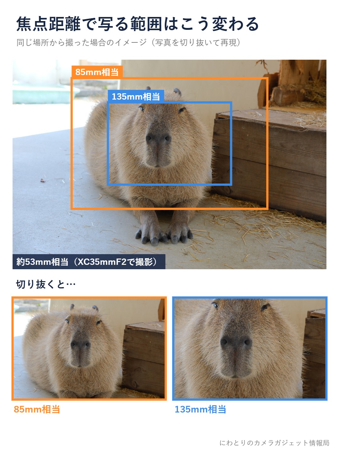 焦点距離による写る範囲の違い。約53mm相当の写真に85mm相当と135mm相当の範囲を示した図